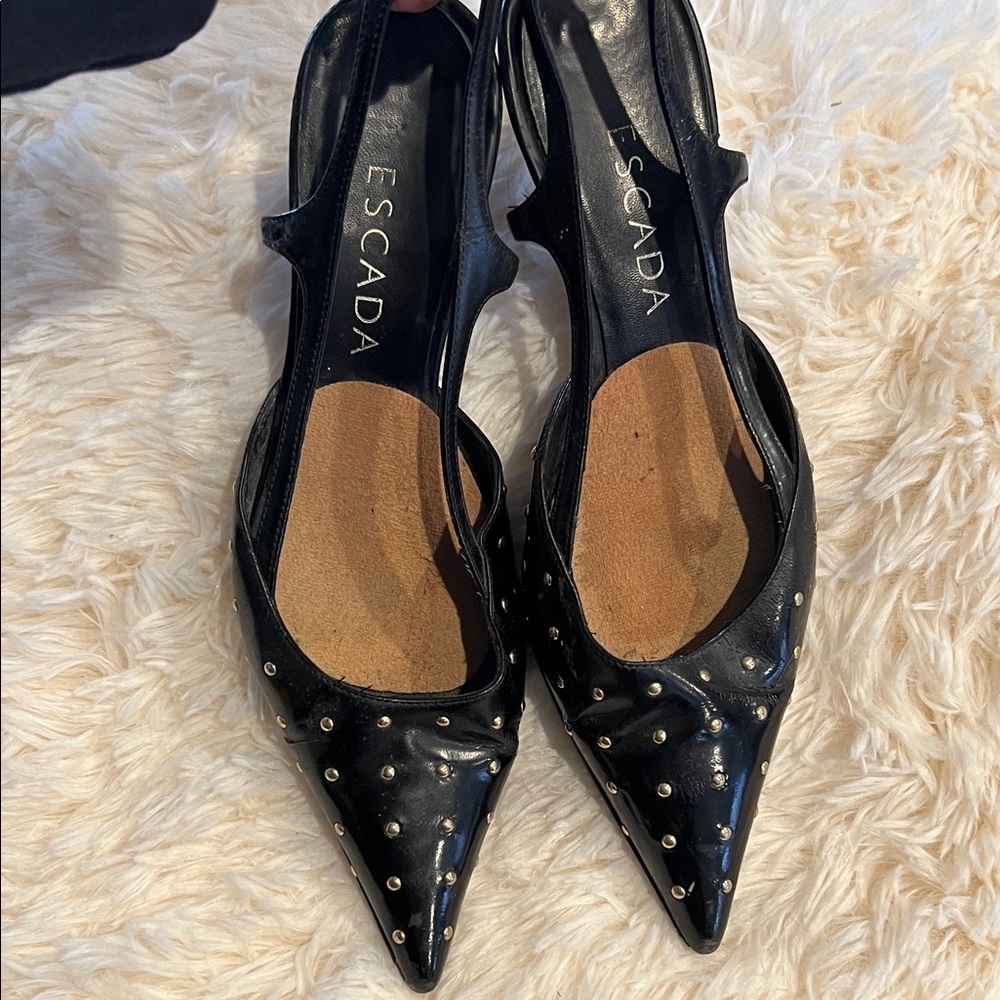 Escada Black Patent Pointed-Toe Studded Slingback Heels